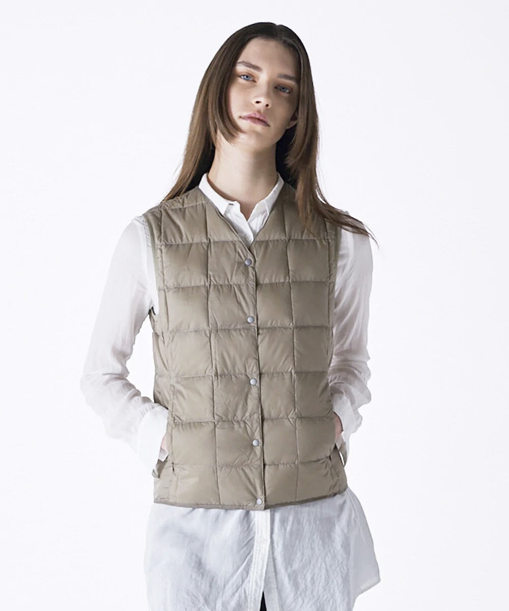 Taion Women's V-Neck Button Down Vest - Beige Taion